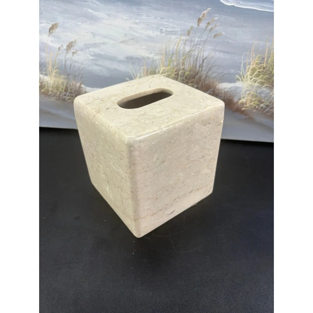 Vintage Beige Marble Tissue Box Cover Square Polished Stone Boutique Holder